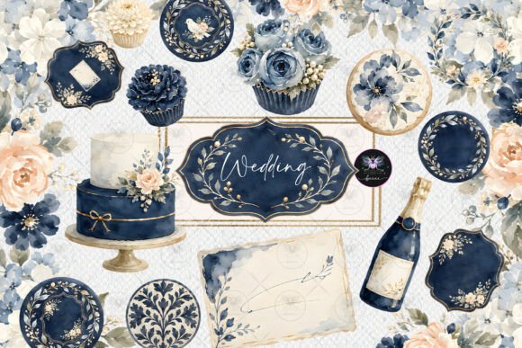 Download Navy Blue Floral Wedding Watercolor Clip - Watercolor Collection