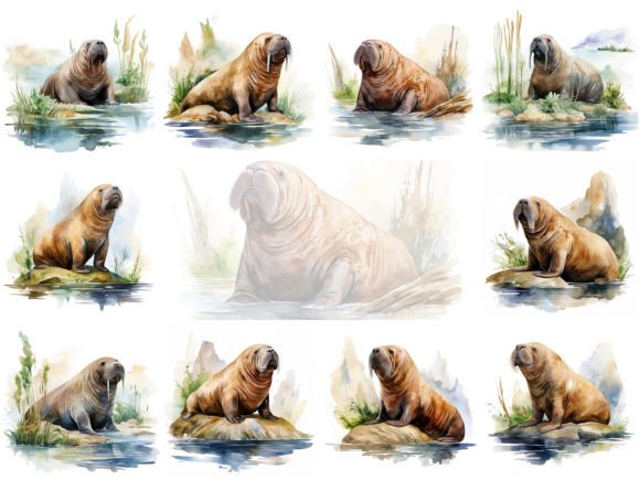 Download Cute Watercolor Walrus Clipart Image Set - Watercolor Collection