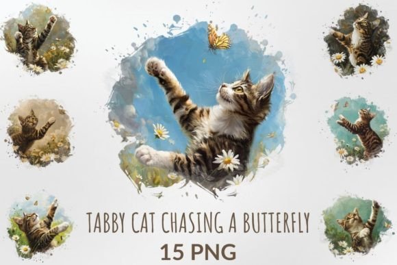Download Watercolor Tabby Cat Chasing a Butterfly - Watercolor Collection