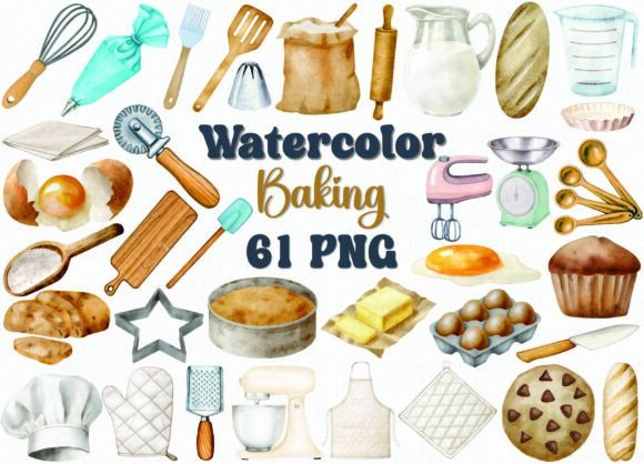 Download Watercolor Baking Clipart Set, 61 PNG - Watercolor Collection