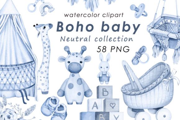 Download Baby Boy Boho Blue Watercolor Clipart - Watercolor Collection