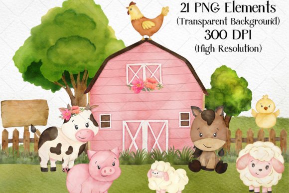 Download Watercolor Pink Barn Farm Animals - Watercolor Collection