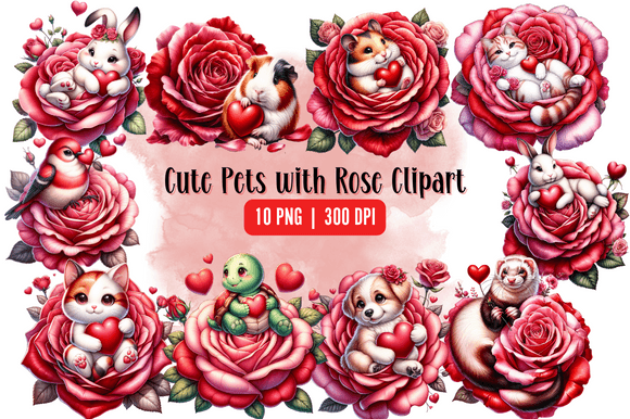 Download Watercolor Cute Pets with Rose Clipart - Watercolor Collection