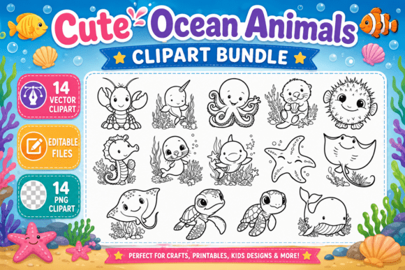 Download Cute Ocean Animals Stamp Clipart PNG - Cute ocean animals Collection