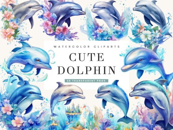 Download Watercolor Cute Dolphin Clipart Bundle - Dolphin clipart Collection