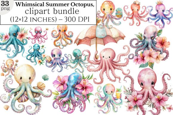 Download Whimsical Summer Octopus Clipart Bundle - Octopus clipart Collection