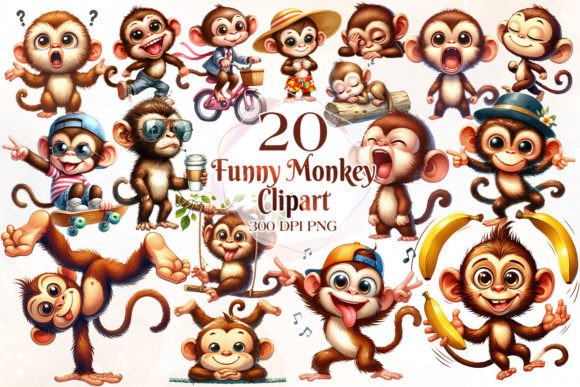 Download Funny Monkey Watercolor Clipart Bundle - Monkey Collection