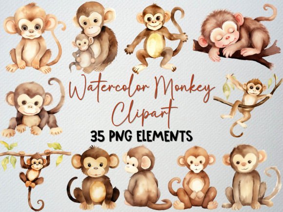 Download Watercolor Monkey Clipart Set, 35 PNG - Monkey Collection