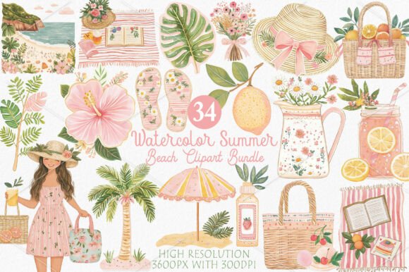 Download Watercolor Summer Beach Clipart Bundle - Watercolor Collection