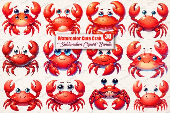 Download Watercolor Cute Crab Clipart Bundle. - Watercolor Collection